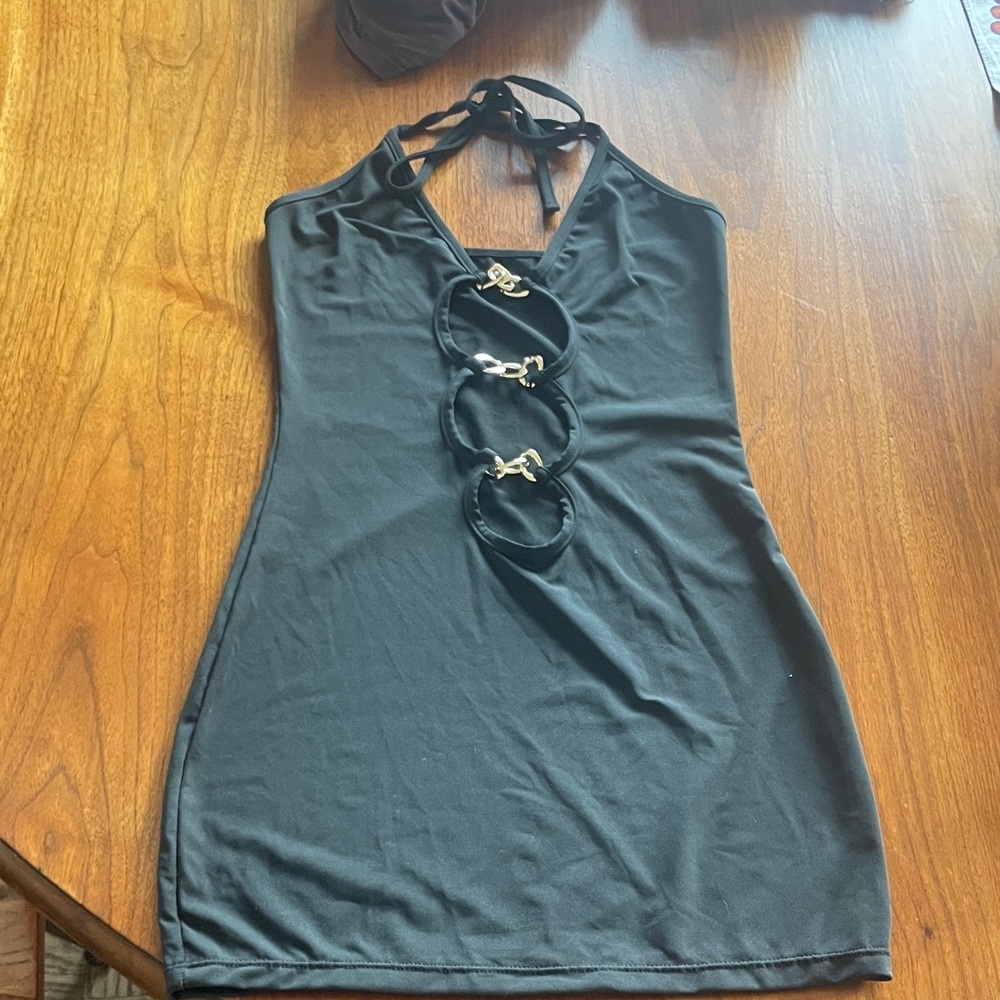 ❤️5/$15 Black Halter Mini Dress with Gold Ring Detail